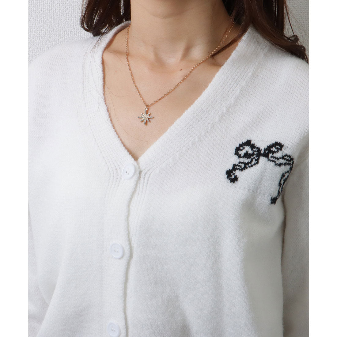 Lace Ladies Ribbon Pattern V-Neck Ribbed Cardigan Knit Sweater Top