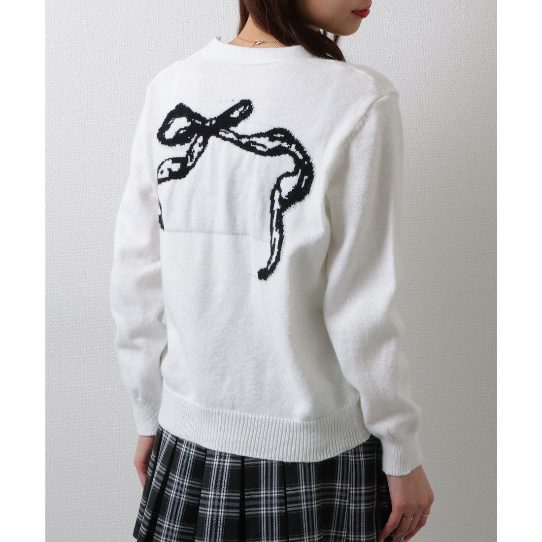 Lace Ladies Ribbon Pattern V-Neck Ribbed Cardigan Knit Sweater Top