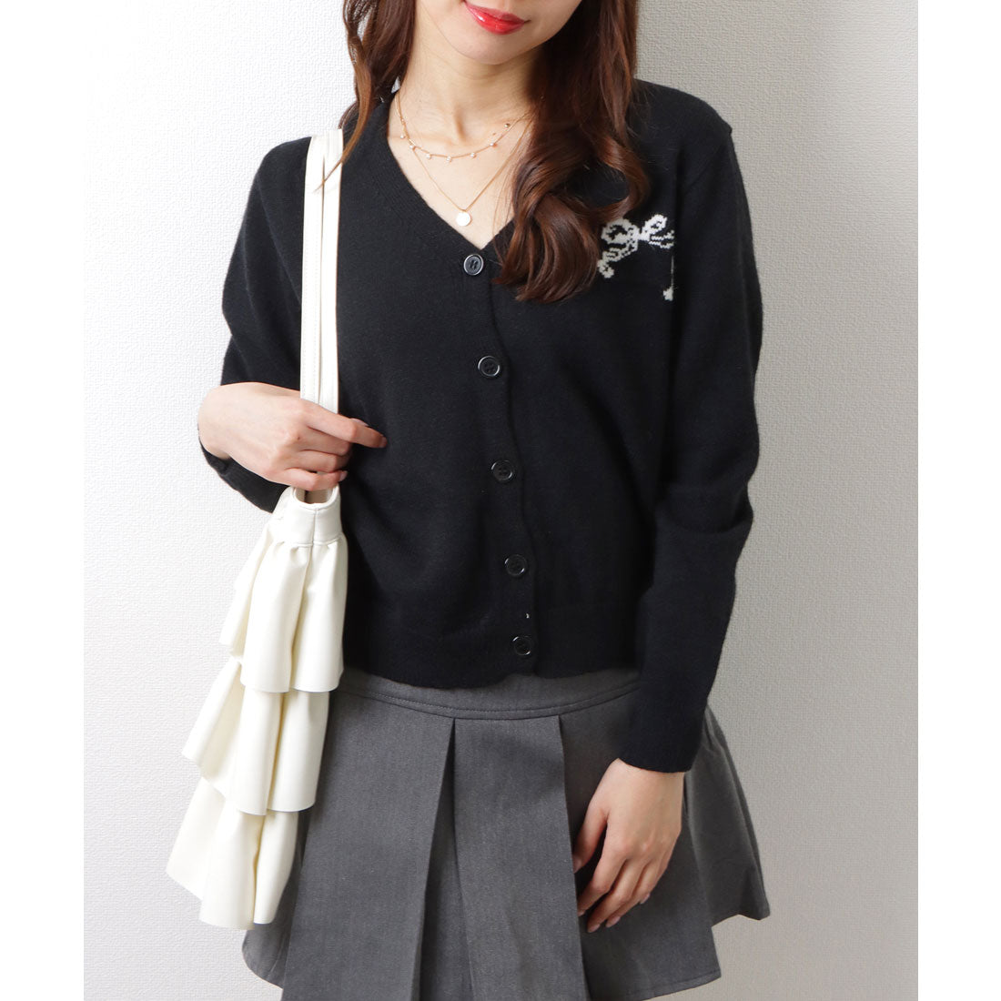 Lace Ladies Ribbon Pattern V-Neck Ribbed Cardigan Knit Sweater Top