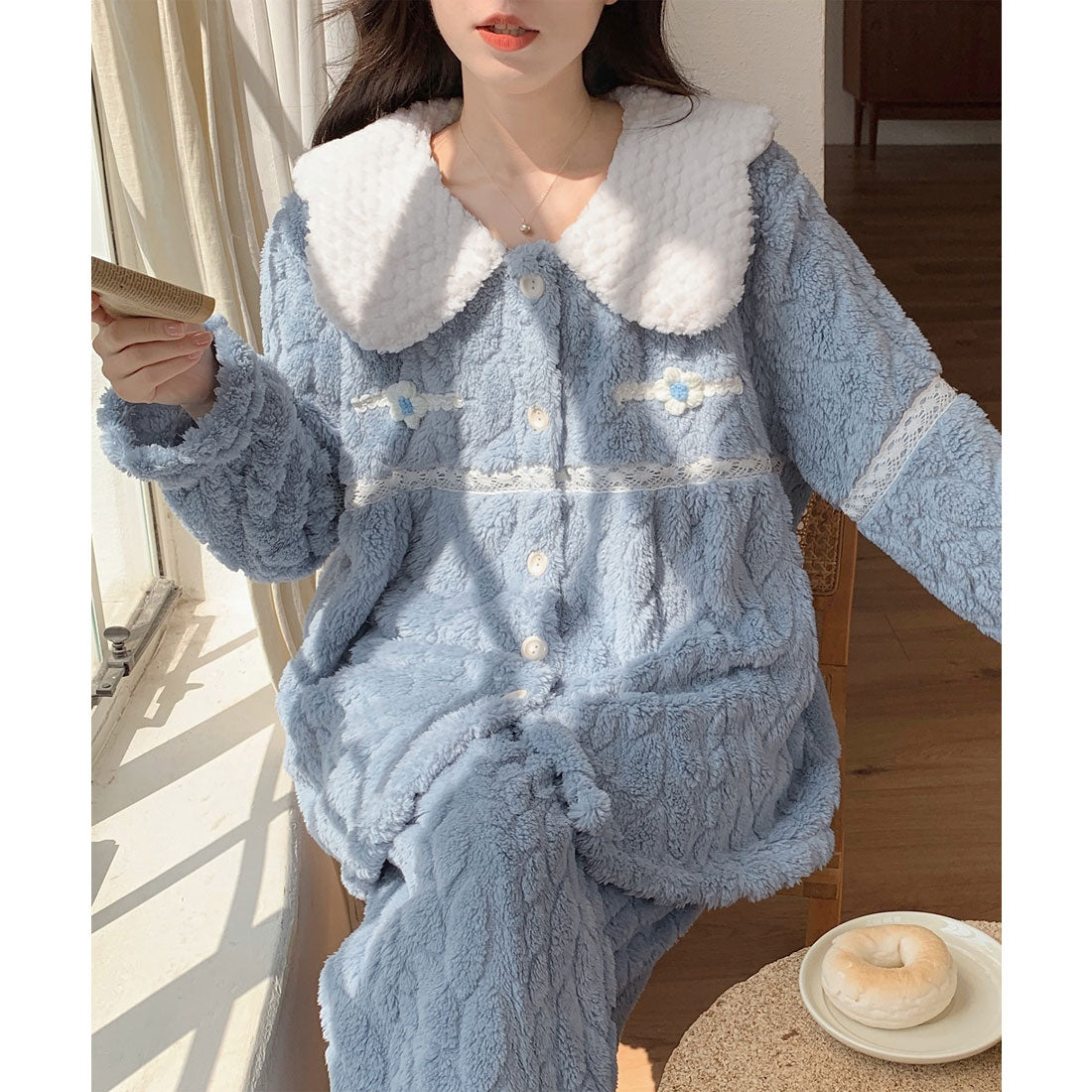 レースレディース Lace Ladies ビッグカラー モチーフ付き フリース 上下 2点セット （ブルー） ブルー