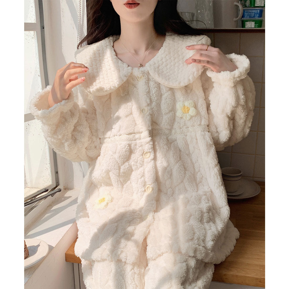 レースレディース Lace Ladies ビッグカラー モチーフ付き フリース 上下 2点セット （アイボリー） アイボリー