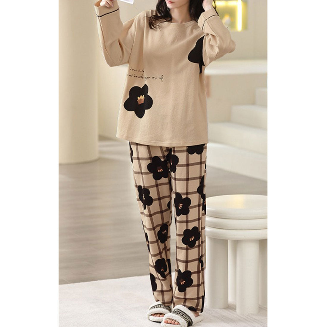 Lace Ladies Pajama Set with Bra Cups, Printed Pattern, Loungewear