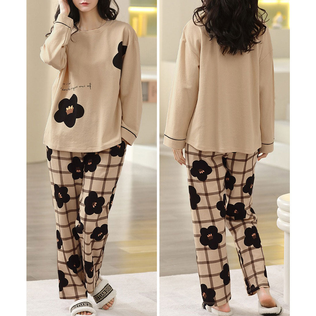 Lace Ladies Pajama Set with Bra Cups, Printed Pattern, Loungewear