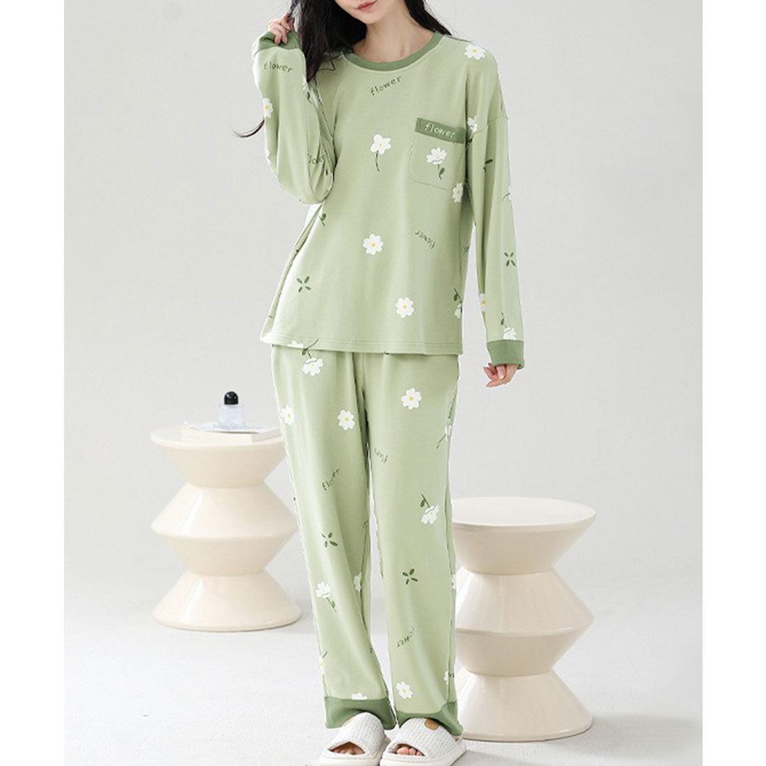 Lace Ladies Pajama Set with Bra Cups, Printed Pattern, Loungewear