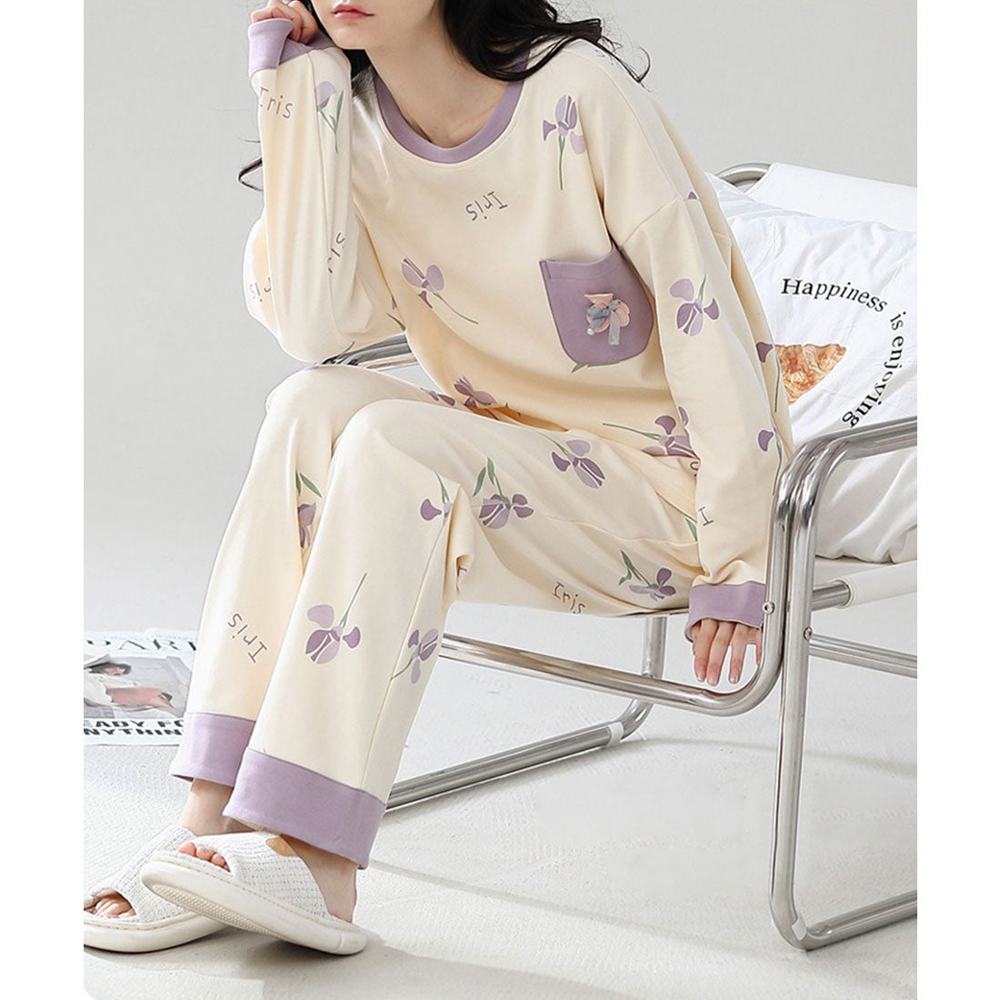 Lace Ladies Pajama Set with Bra Cups, Printed Pattern, Loungewear