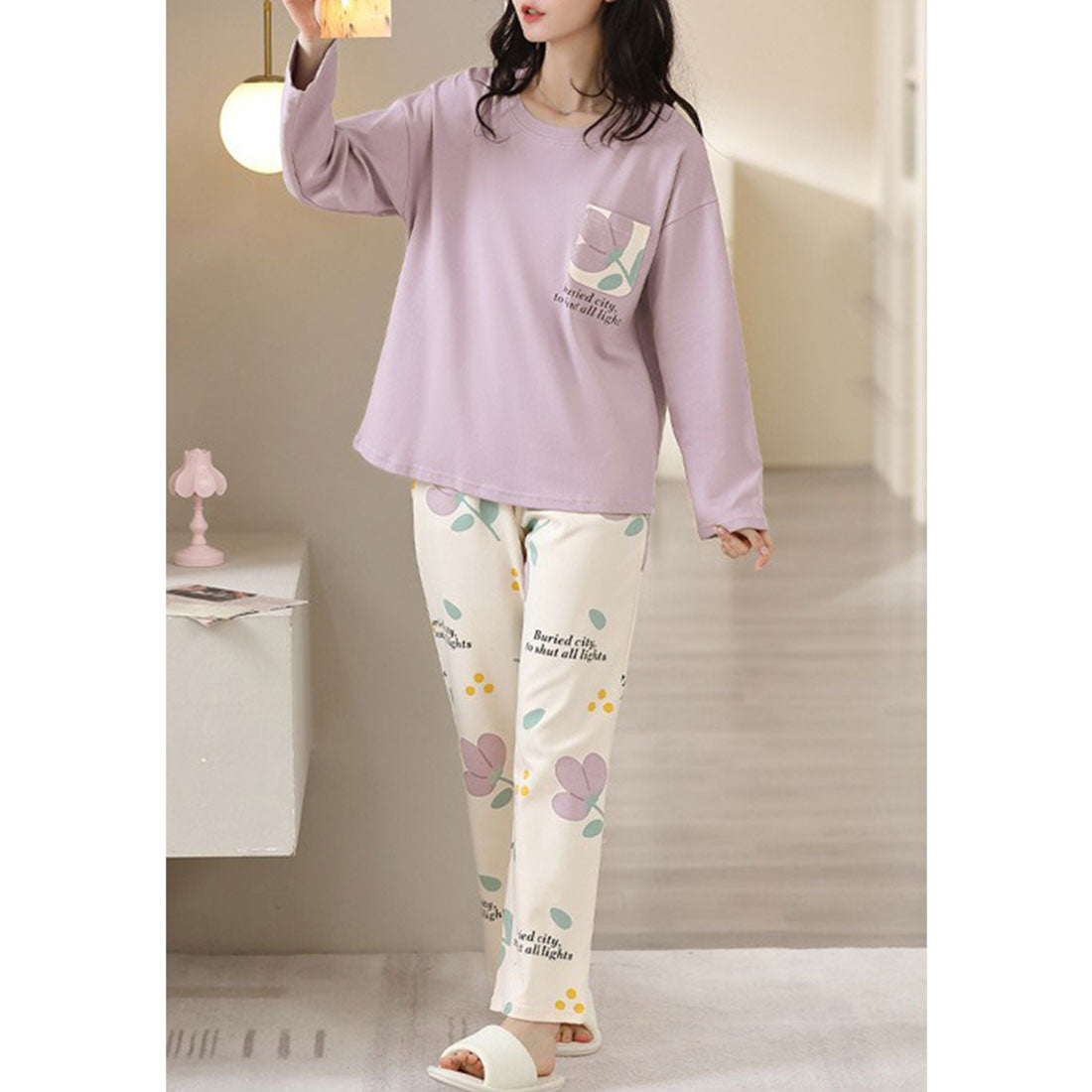 Lace Ladies Pajama Set with Bra Cups, Printed Pattern, Loungewear
