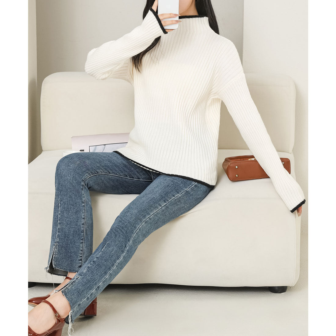 レースレディース Lace Ladies 配色 ライン ボトルネック リブ ニット プルオーバー