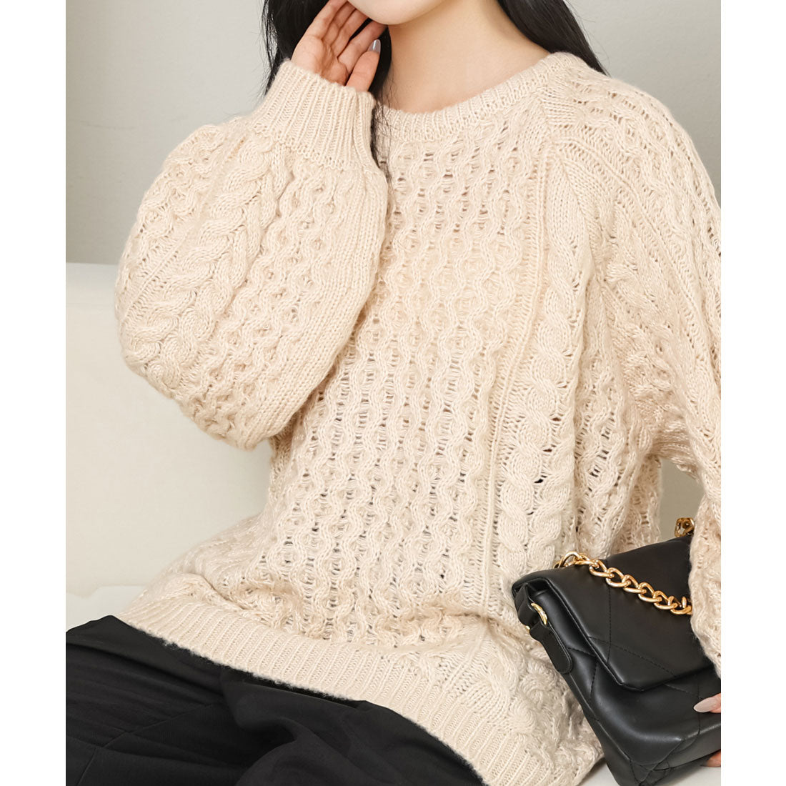 レースレディース Lace Ladies クルーネック オーバーサイズ ケーブル ニット プルオーバー