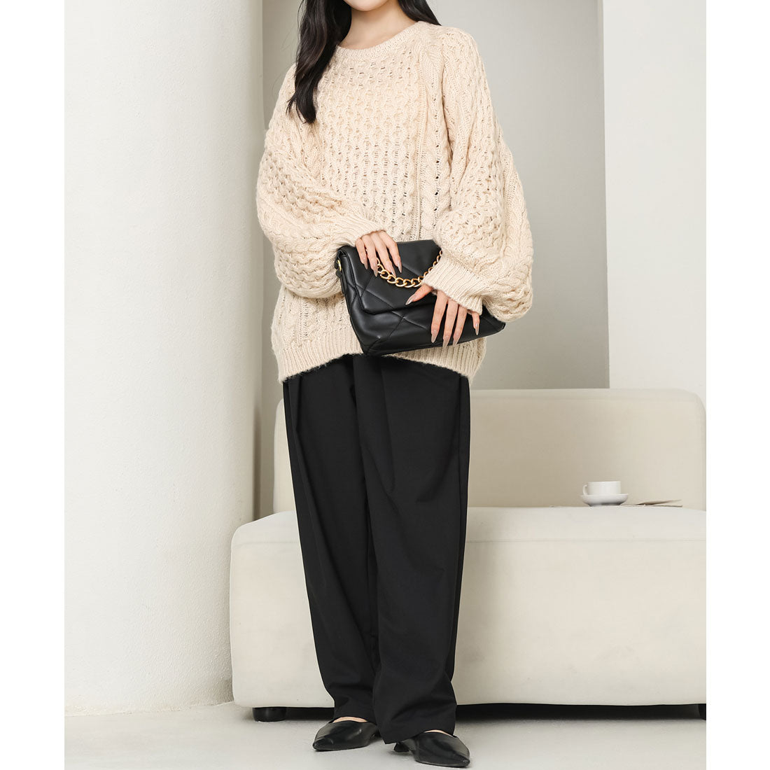 レースレディース Lace Ladies クルーネック オーバーサイズ ケーブル ニット プルオーバー