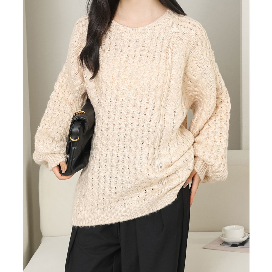 レースレディース Lace Ladies クルーネック オーバーサイズ ケーブル ニット プルオーバー