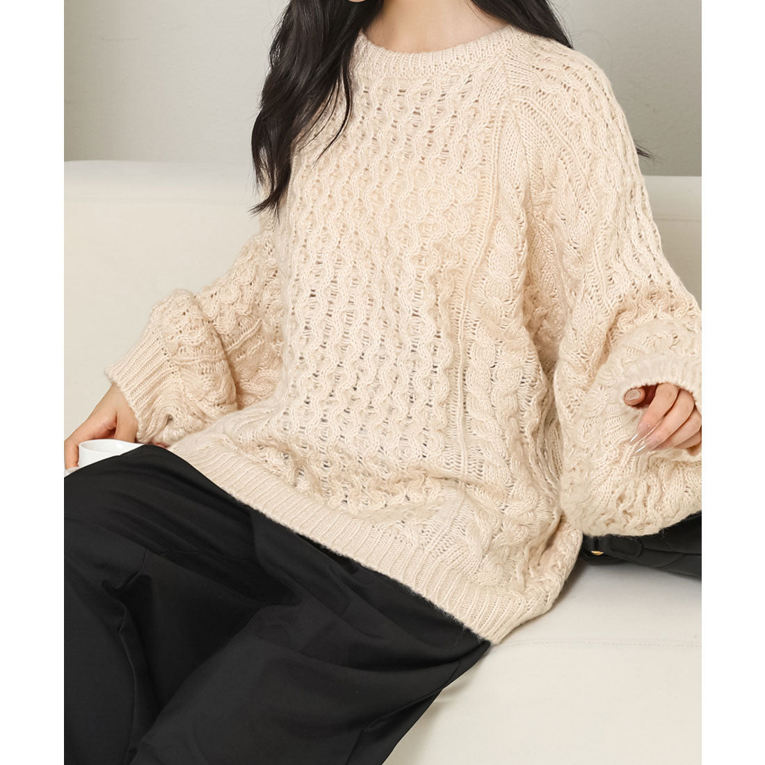 レースレディース Lace Ladies クルーネック オーバーサイズ ケーブル ニット プルオーバー