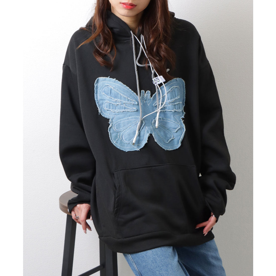 レースレディース Lace Ladies バタフライワッペン 刺繍 プルオーバー パーカー トップス （ブラック） ブラック