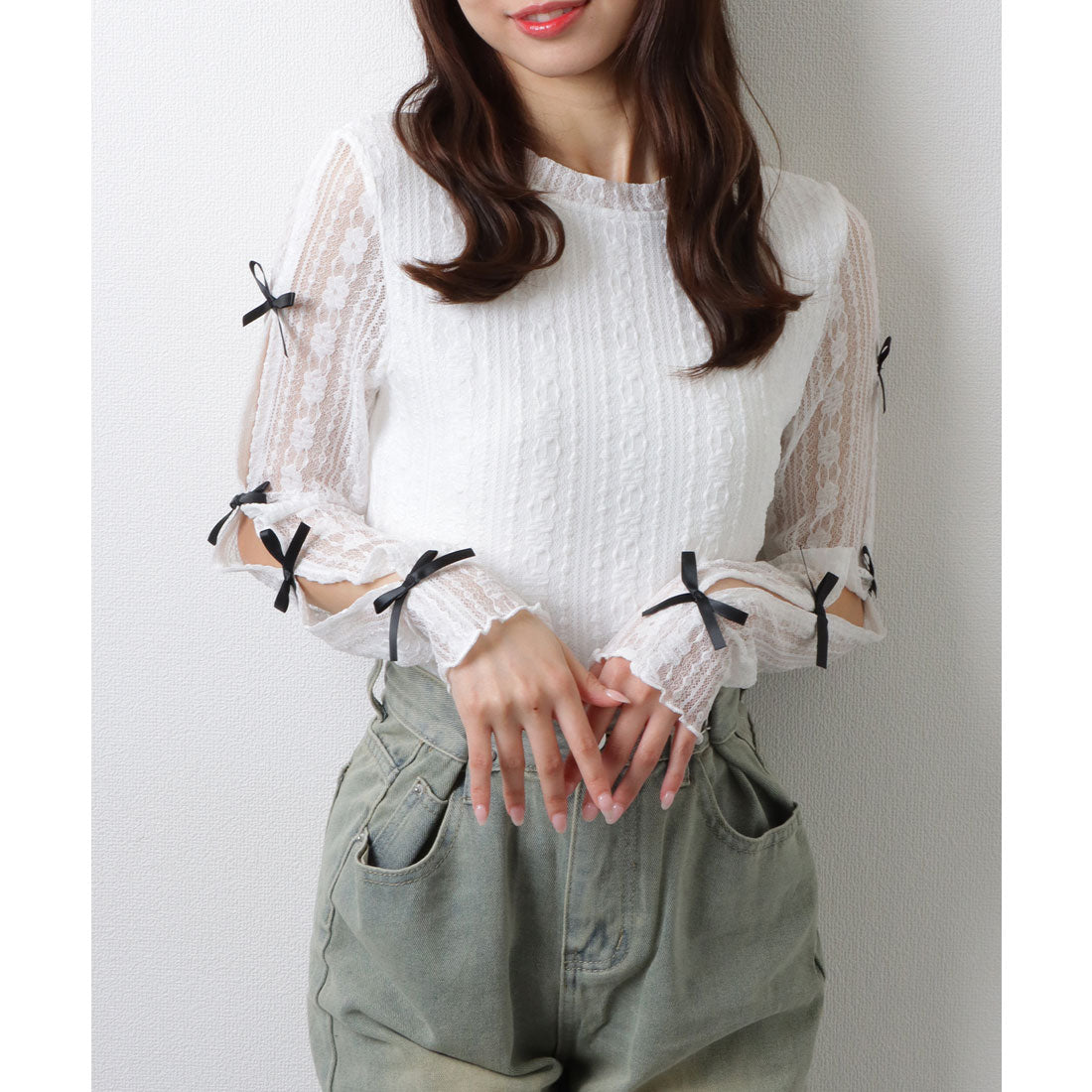 レースレディース Lace Ladies メニーリボン シアー ドッキング 長袖 レース プルオーバー （ホワイト） ホワイト