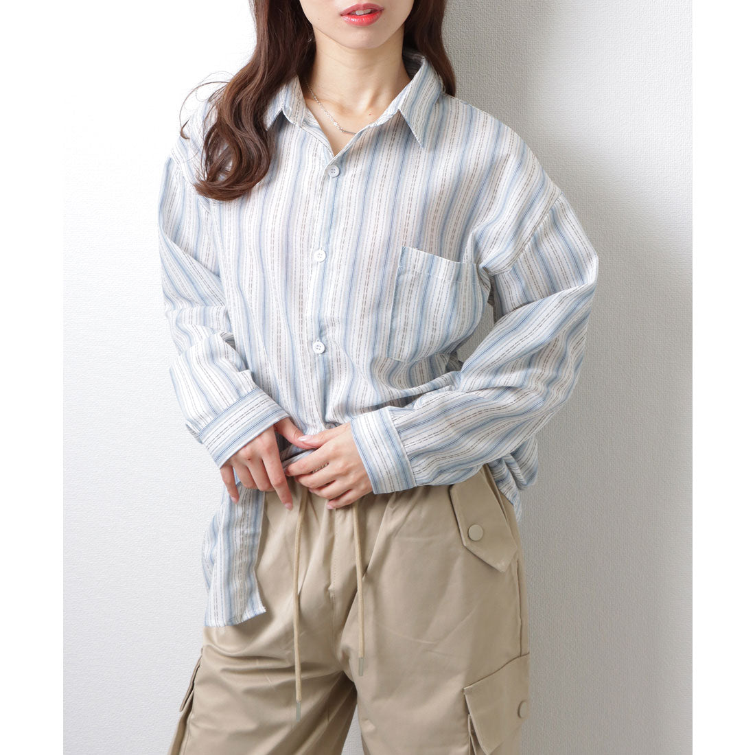 レースレディース Lace Ladies マルチストライプ柄 フロント ボタン 長袖 シャツ （ブルー） ブルー