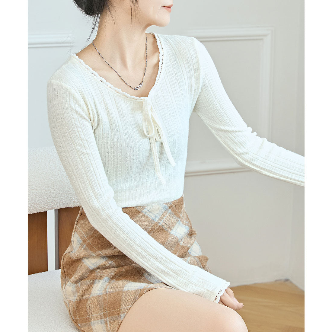 レースレディース Lace Ladies ソリッドカラー ラウンドネック リボン スカラップ プルオーバー （アイボリー） アイボリー