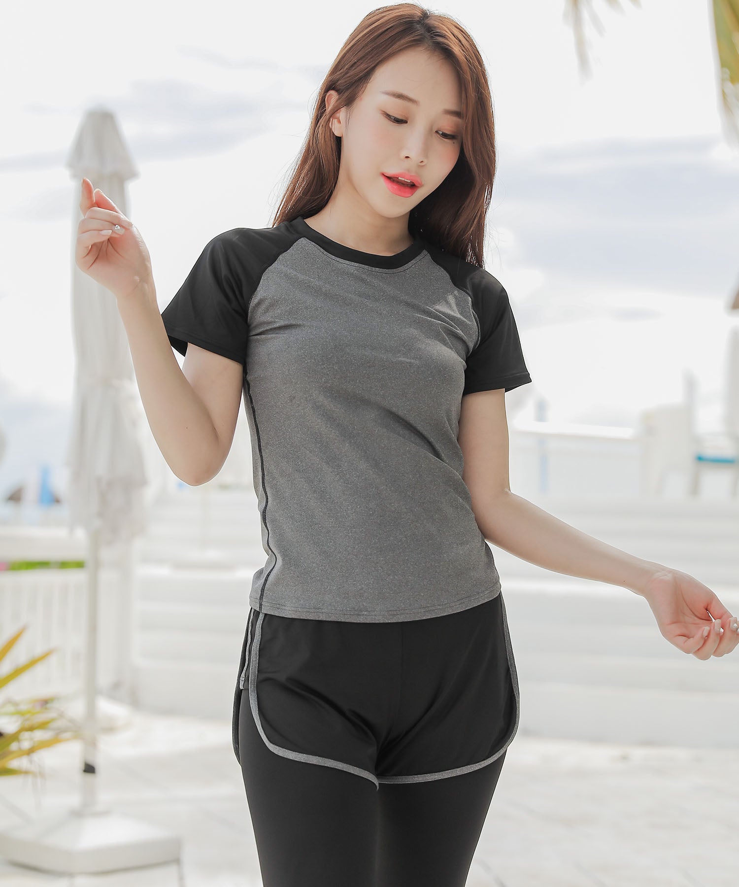 レースレディース Lace Ladies 半袖フィットネス水着上下2点セット （グレー） グレー