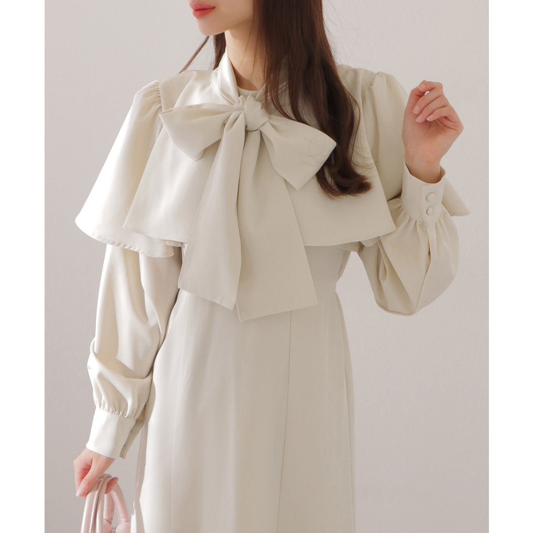 レースレディース Lace Ladies ケープカラー ボウタイ付き ロング ブラウス ワンピース （アイボリー） アイボリー
