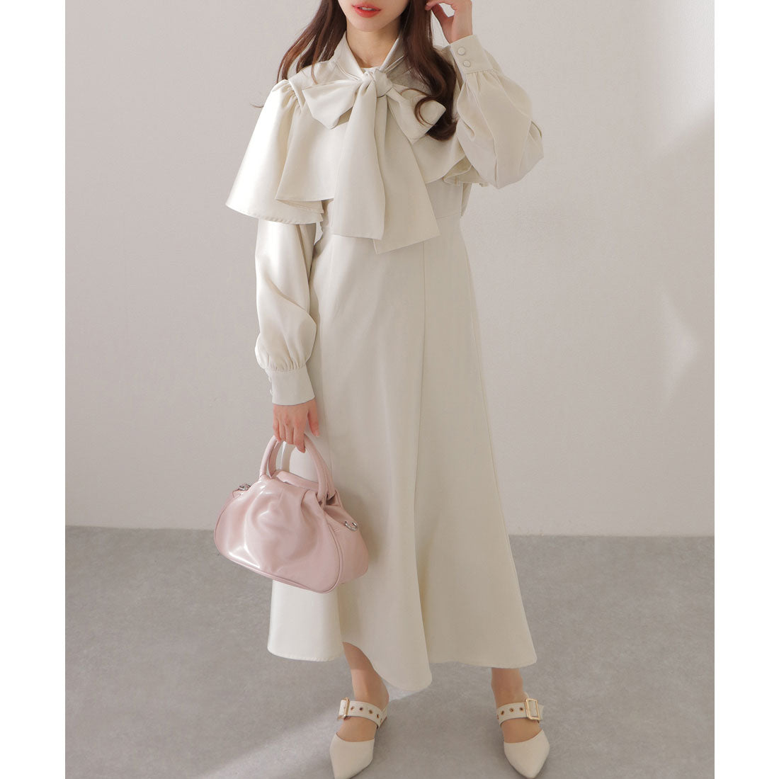レースレディース Lace Ladies ケープカラー ボウタイ付き ロング ブラウス ワンピース （アイボリー） アイボリー