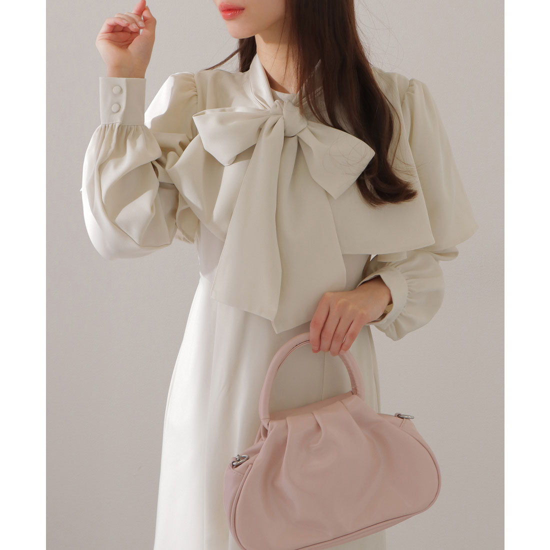 レースレディース Lace Ladies ケープカラー ボウタイ付き ロング ブラウス ワンピース （アイボリー） アイボリー