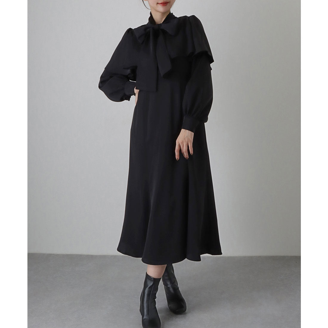 レースレディース Lace Ladies ケープカラー ボウタイ付き ロング ブラウス ワンピース （ブラック） ブラック