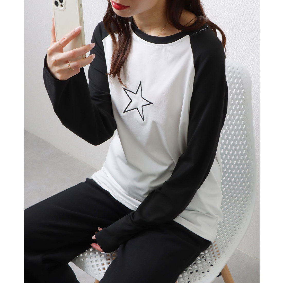 レースレディース Lace Ladies ラグランスリーブ 配色 星柄 刺繍 カットソー （ホワイト） ホワイト