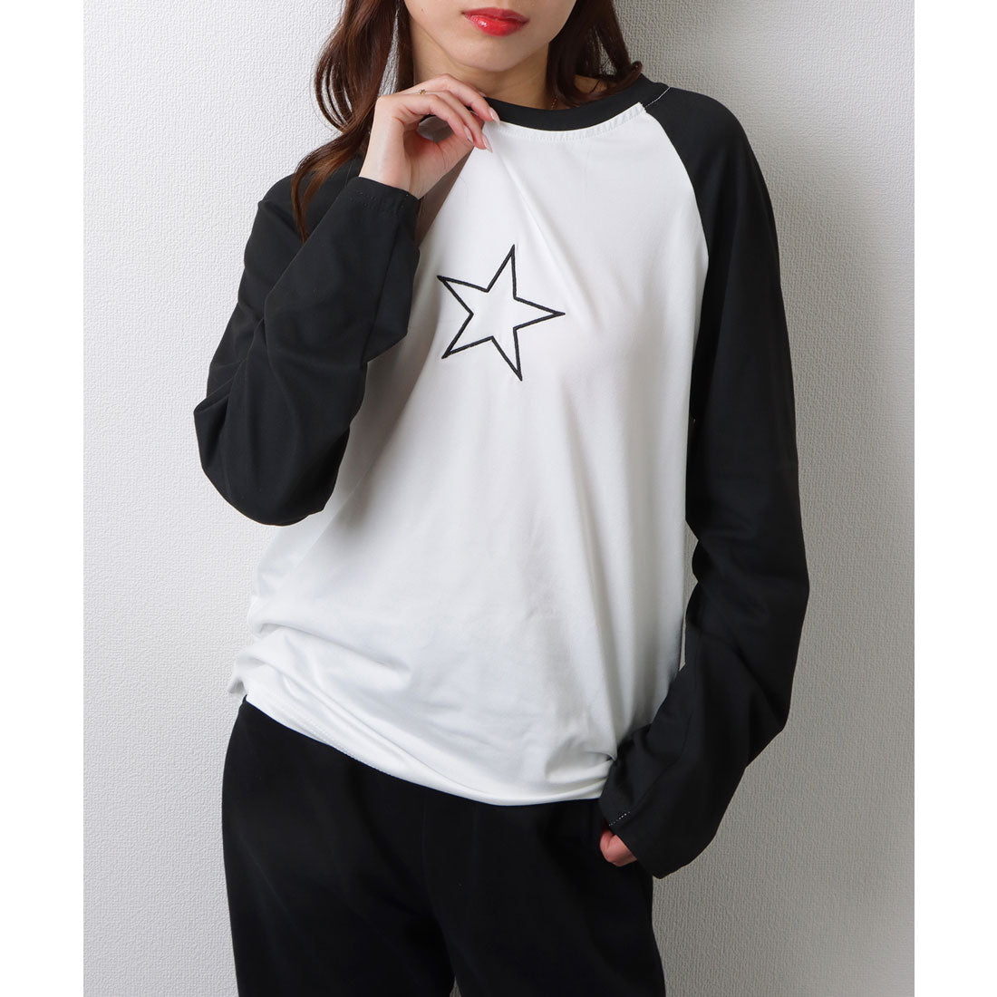 レースレディース Lace Ladies ラグランスリーブ 配色 星柄 刺繍 カットソー （ホワイト） ホワイト