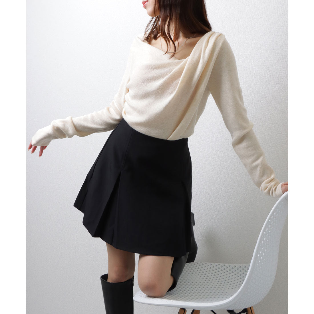 レースレディース Lace Ladies ソリッドカラー アシンメトリー ドレープ ニット プルオーバー （アイボリー） アイボリー