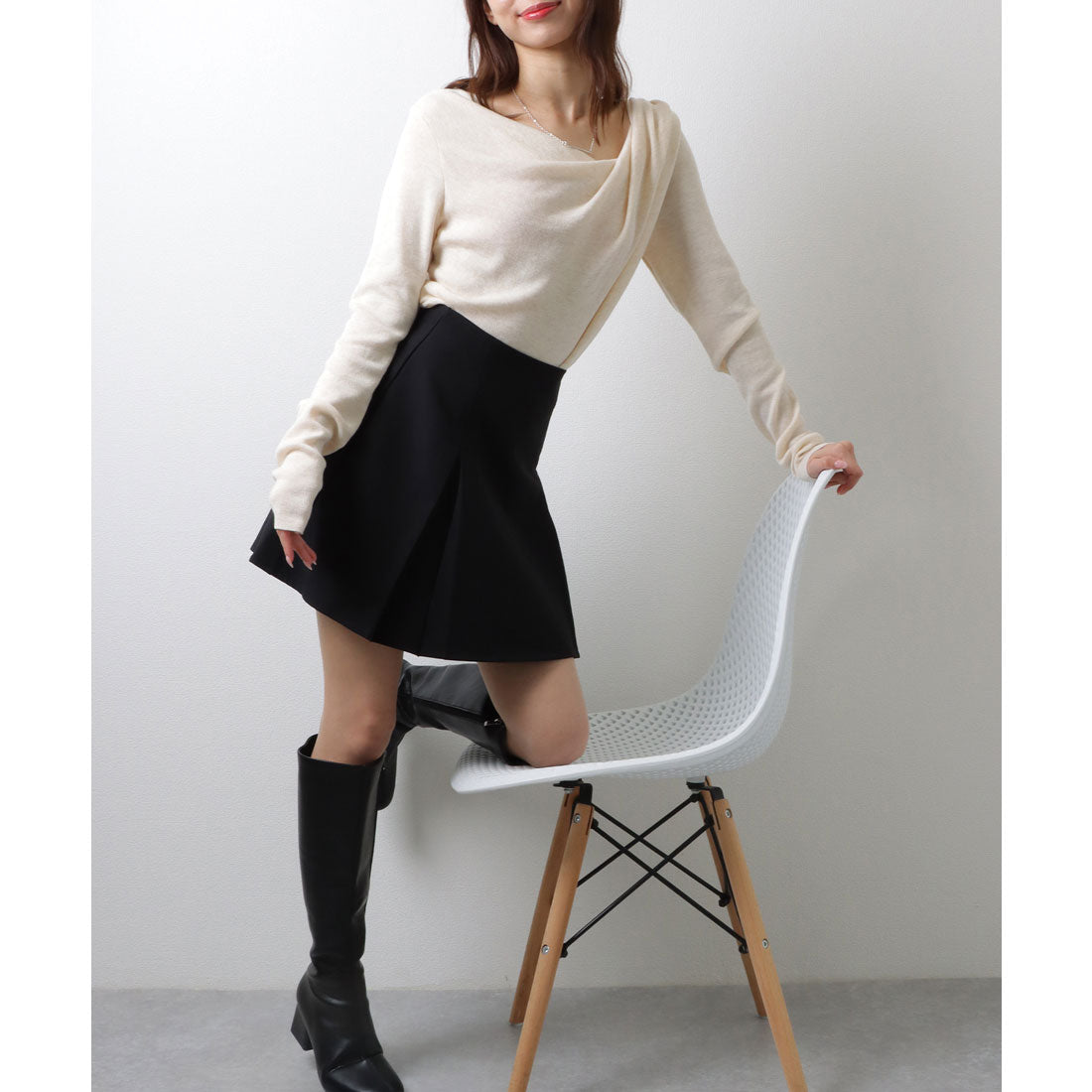 レースレディース Lace Ladies ソリッドカラー アシンメトリー ドレープ ニット プルオーバー （アイボリー） アイボリー