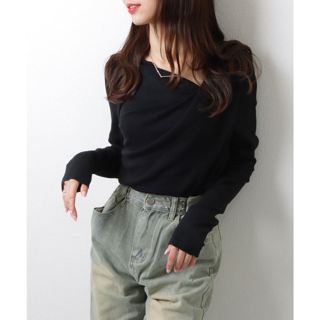 レースレディース Lace Ladies ソリッドカラー アシンメトリー ドレープ ニット プルオーバー （ブラック） ブラック