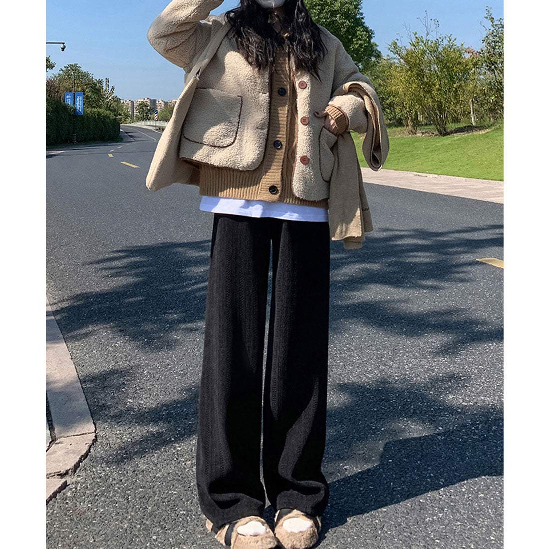 Race Ladies Lace Ladies Stripe Pattern Waist Easy Semi-Wide Fleece-Lined Pants