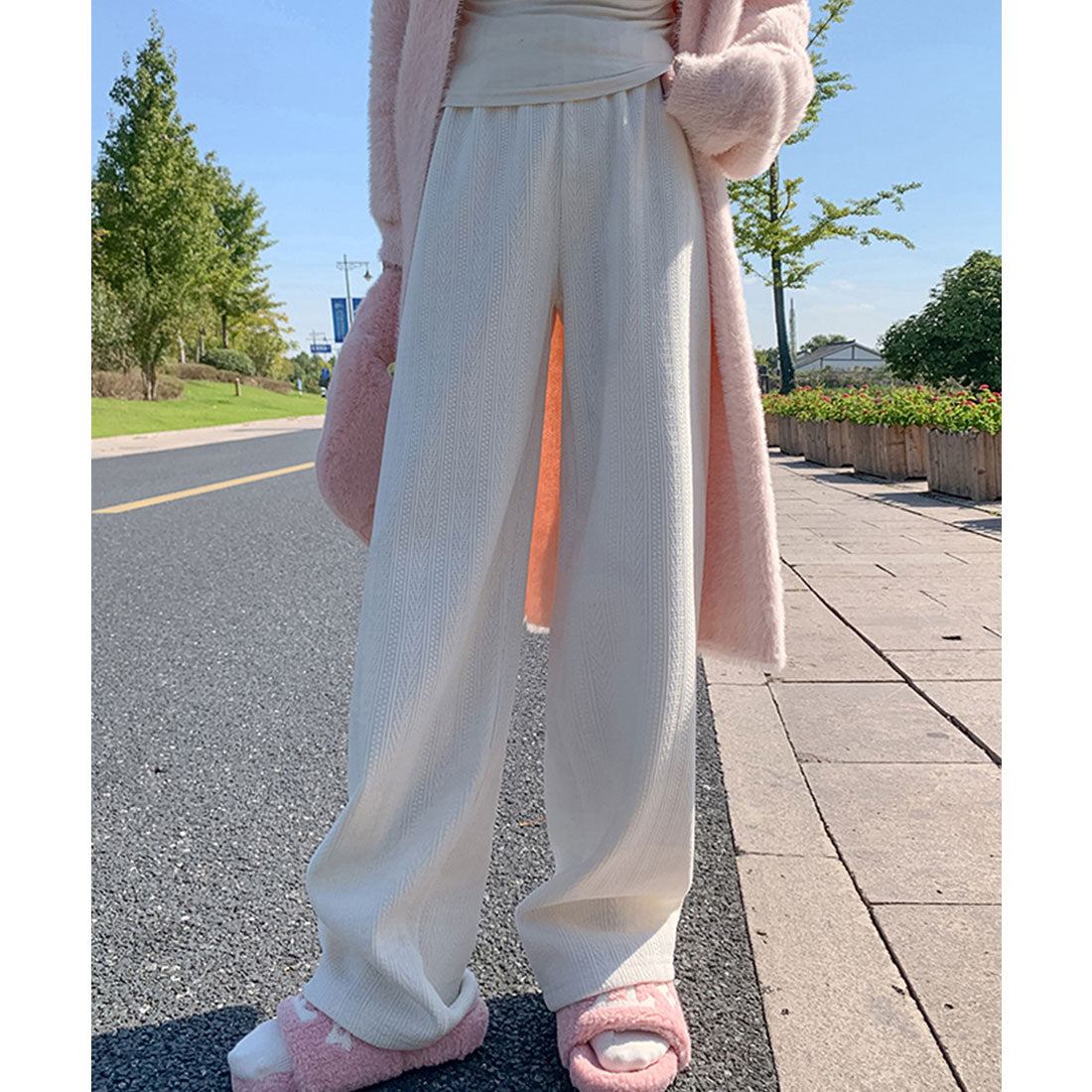 Race Ladies Lace Ladies Stripe Pattern Waist Easy Semi-Wide Fleece-Lined Pants