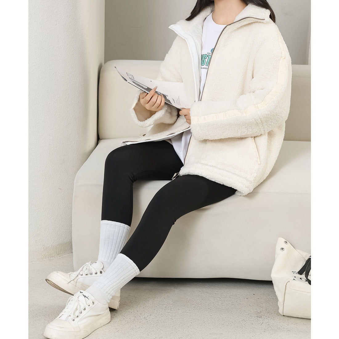 レースレディース Lace Ladies ハイネック ボア フリース ジップアップ ブルゾン （アイボリー） アイボリー