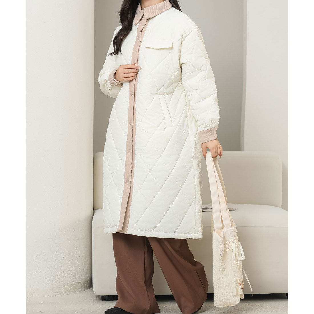 レースレディース Lace Ladies コーデュロイ ステンカラー キルティング ロング コート （グレージュ） グレージュ