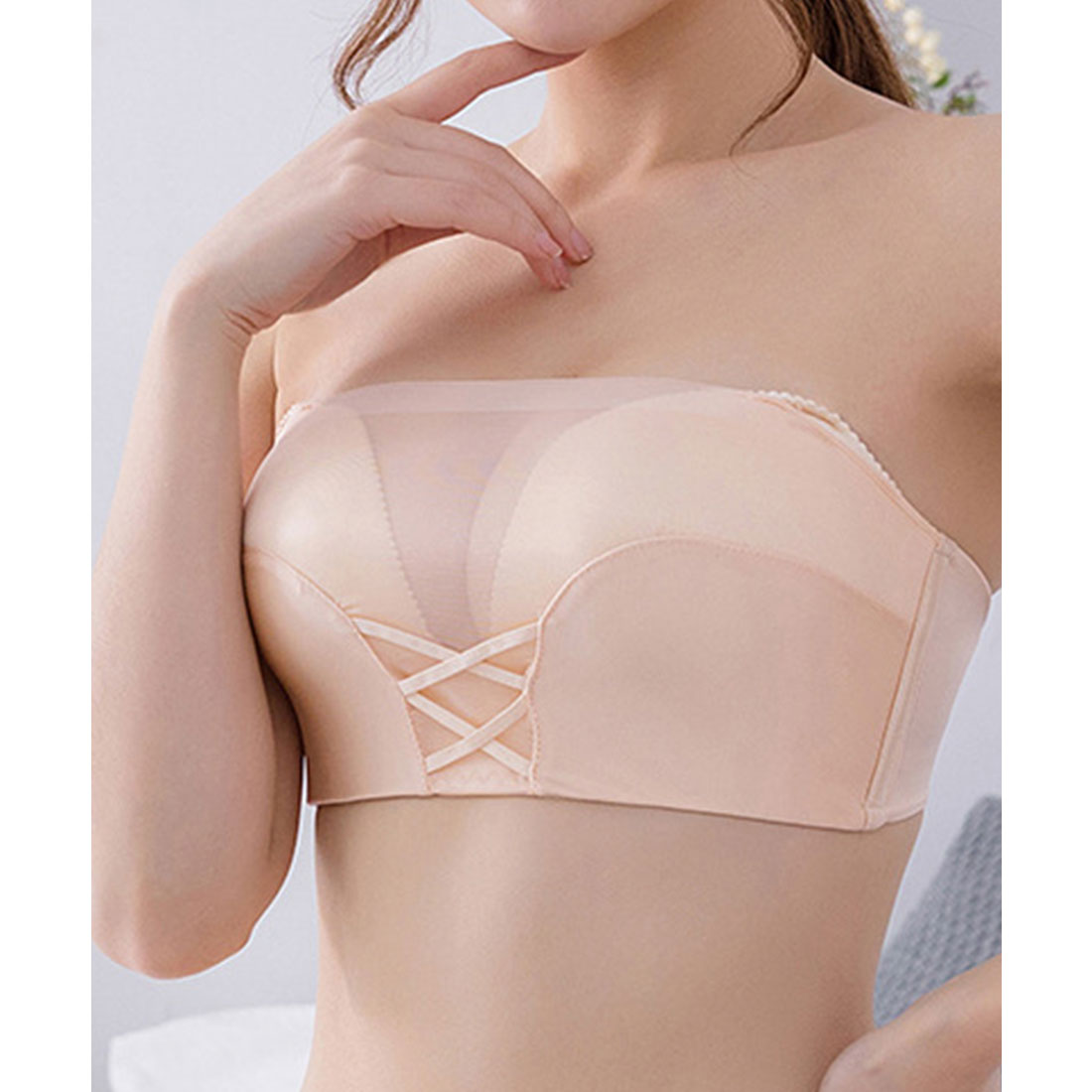 レースレディース Lace Ladies シアー レースアップ 2WAY ストラップレス ブラジャー （ベージュ） ベージュ