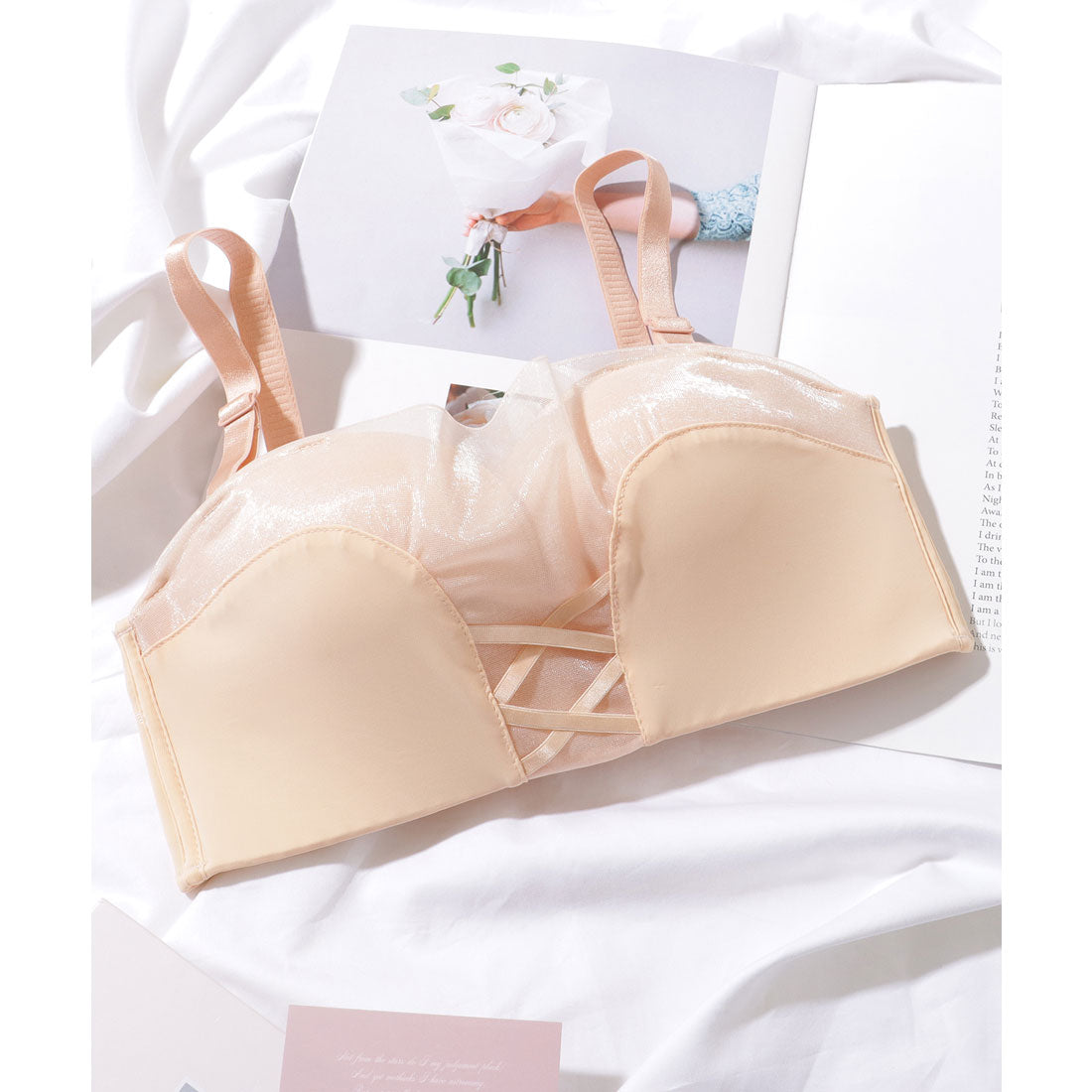 レースレディース Lace Ladies シアー レースアップ 2WAY ストラップレス ブラジャー （ベージュ） ベージュ