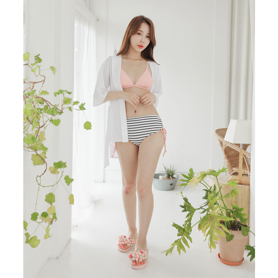 レースレディース Lace Ladies カバーアップ付きハイウエストビキニ水着3点セット【返品不可商品】 （ピンク） ピンク