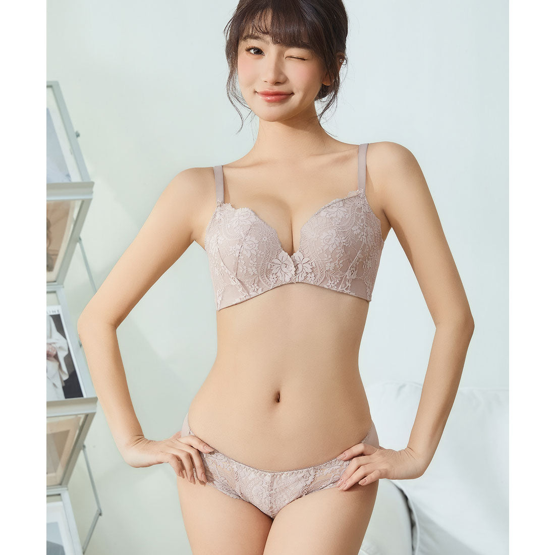 レースレディース Lace Ladies 【2点セット】ソリッドカラー ボタニカル レース ブラ&ショーツ セット【返品不可商品】  （ベージュ） ベージュ