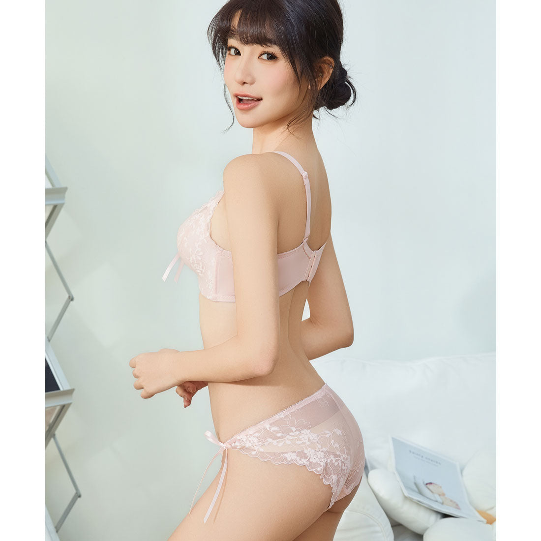 レースレディース Lace Ladies 【2点セット】スカラップ リボン レース ブラ&ショーツ セット【返品不可商品】  （ピンク） ピンク