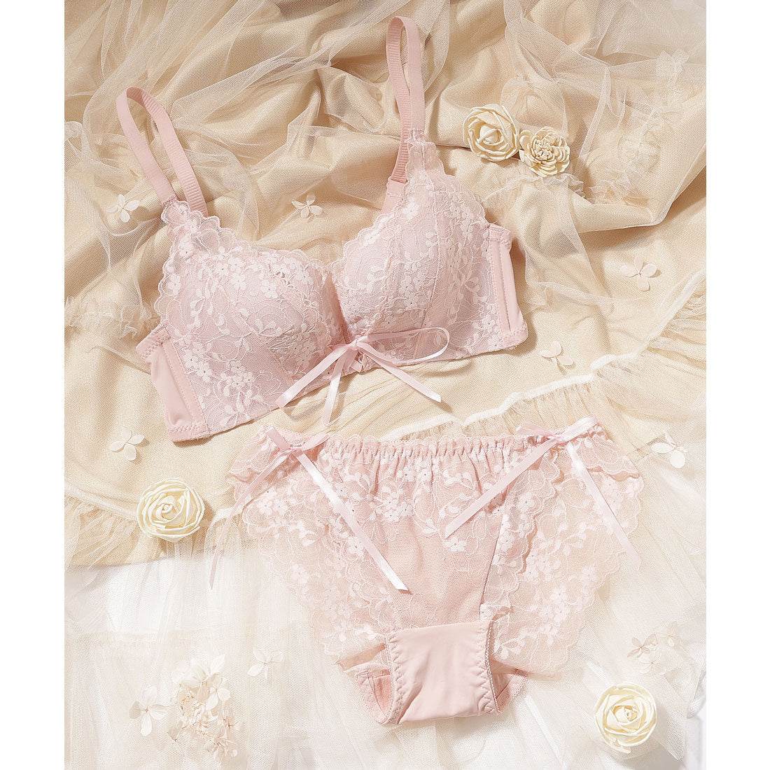 レースレディース Lace Ladies 【2点セット】スカラップ リボン レース ブラ&ショーツ セット【返品不可商品】  （ピンク） ピンク