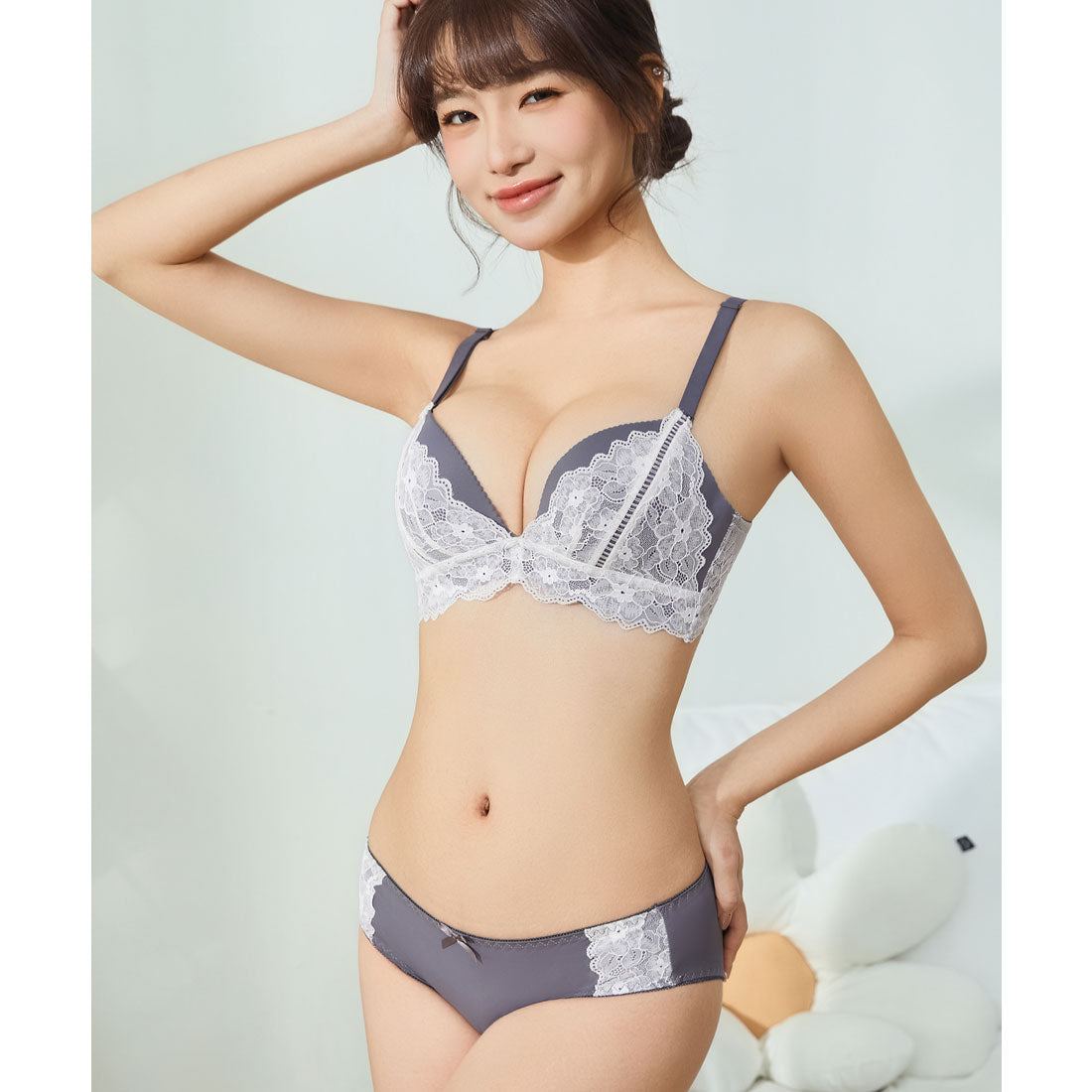 レースレディース Lace Ladies 【2点セット】レース レイヤード 3/4 ブラ&ショーツ セット【返品不可商品】  （グレー） グレー