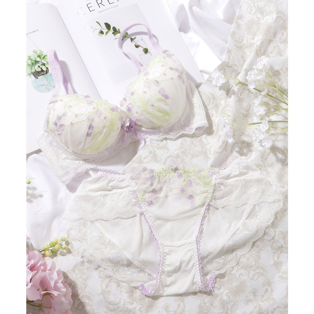 レースレディース Lace Ladies 【2点セット】配色 フラワー レース 3/4 ブラ&ショーツ （パープル） パープル