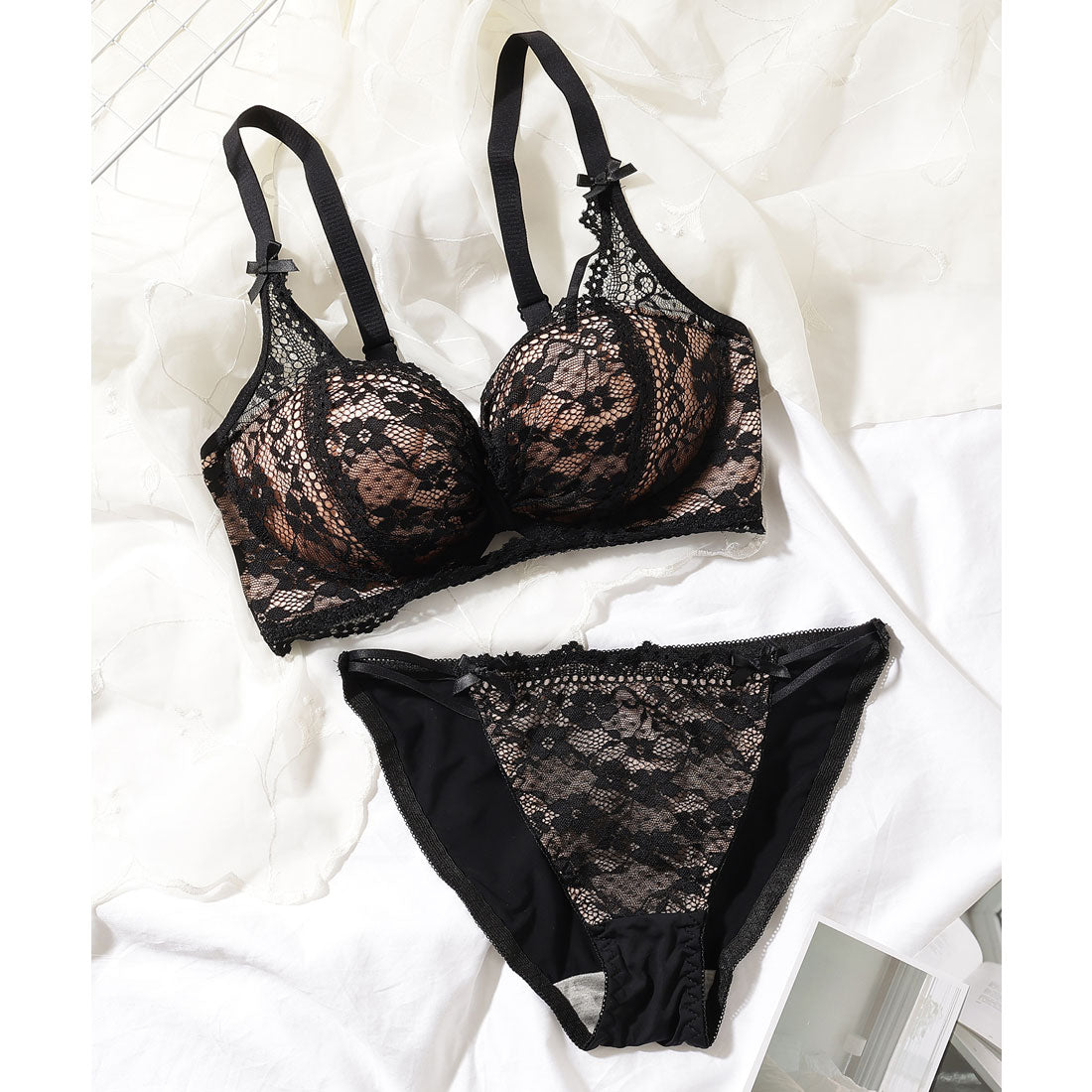 レースレディース Lace Ladies 【2点セット】リボン風 花柄 レース ブラジャー&ショーツ【返品不可商品】 （ブラック） ブラック