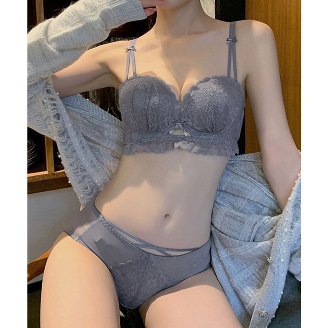 レースレディース Lace Ladies 【2点セット】カットアウト スカラップ レース ブラジャー&ショーツ【返品不可商品】 （グレー） グレー