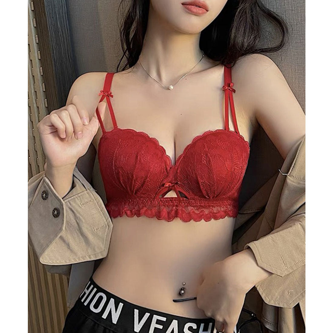 レースレディース Lace Ladies 【2点セット】カットアウト スカラップ レース ブラジャー&ショーツ【返品不可商品】 （レッド） レッド