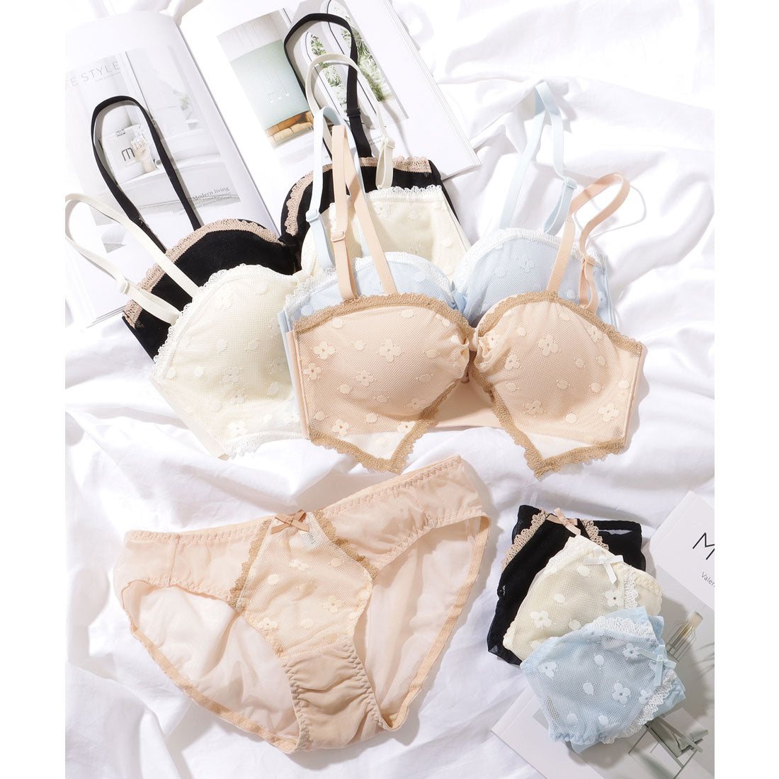 レースレディース Lace Ladies 【2点セット】リボンライク シアー レイヤード ブラ&ショーツ【返品不可商品】 （ブルー） ブルー