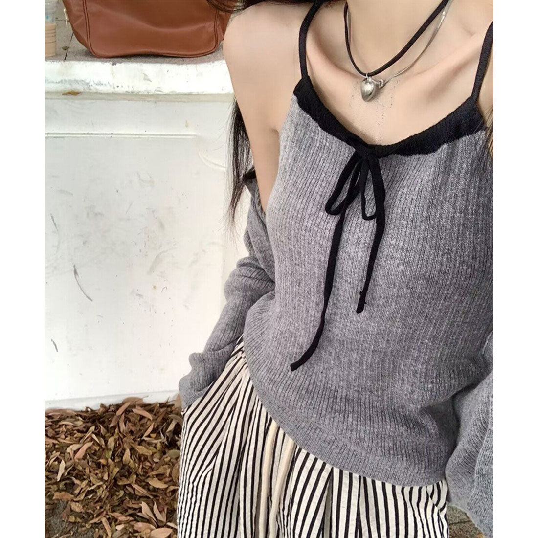 レースレディース Lace Ladies 配色 リボン ニット アンサンブル 2点セット （グレー） グレー