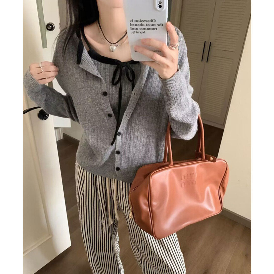 レースレディース Lace Ladies 配色 リボン ニット アンサンブル 2点セット （グレー） グレー