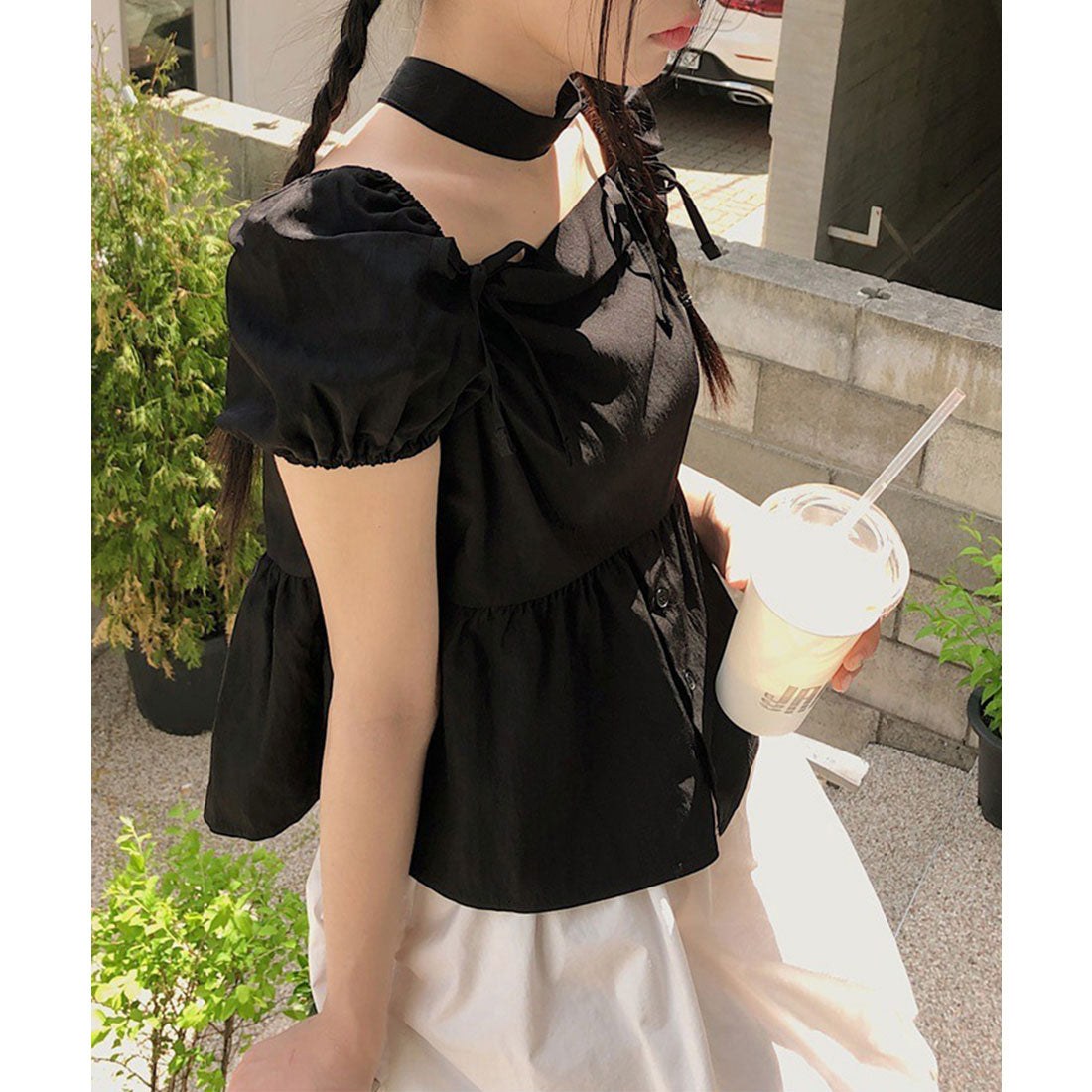 レースレディース Lace Ladies チョーカー付き リボン ペプラム パフスリーブ ブラウス （ブラック） ブラック