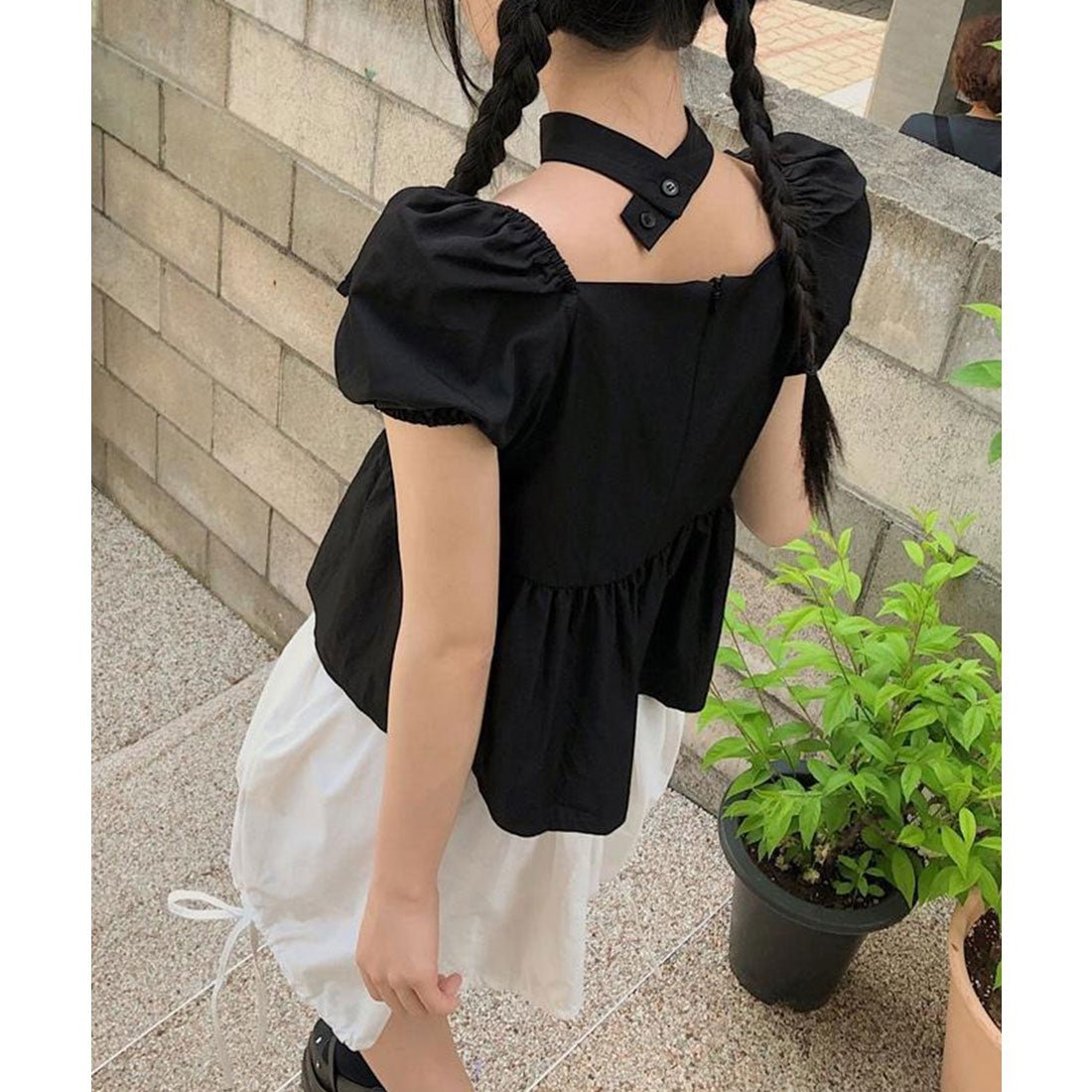 レースレディース Lace Ladies チョーカー付き リボン ペプラム パフスリーブ ブラウス （ブラック） ブラック