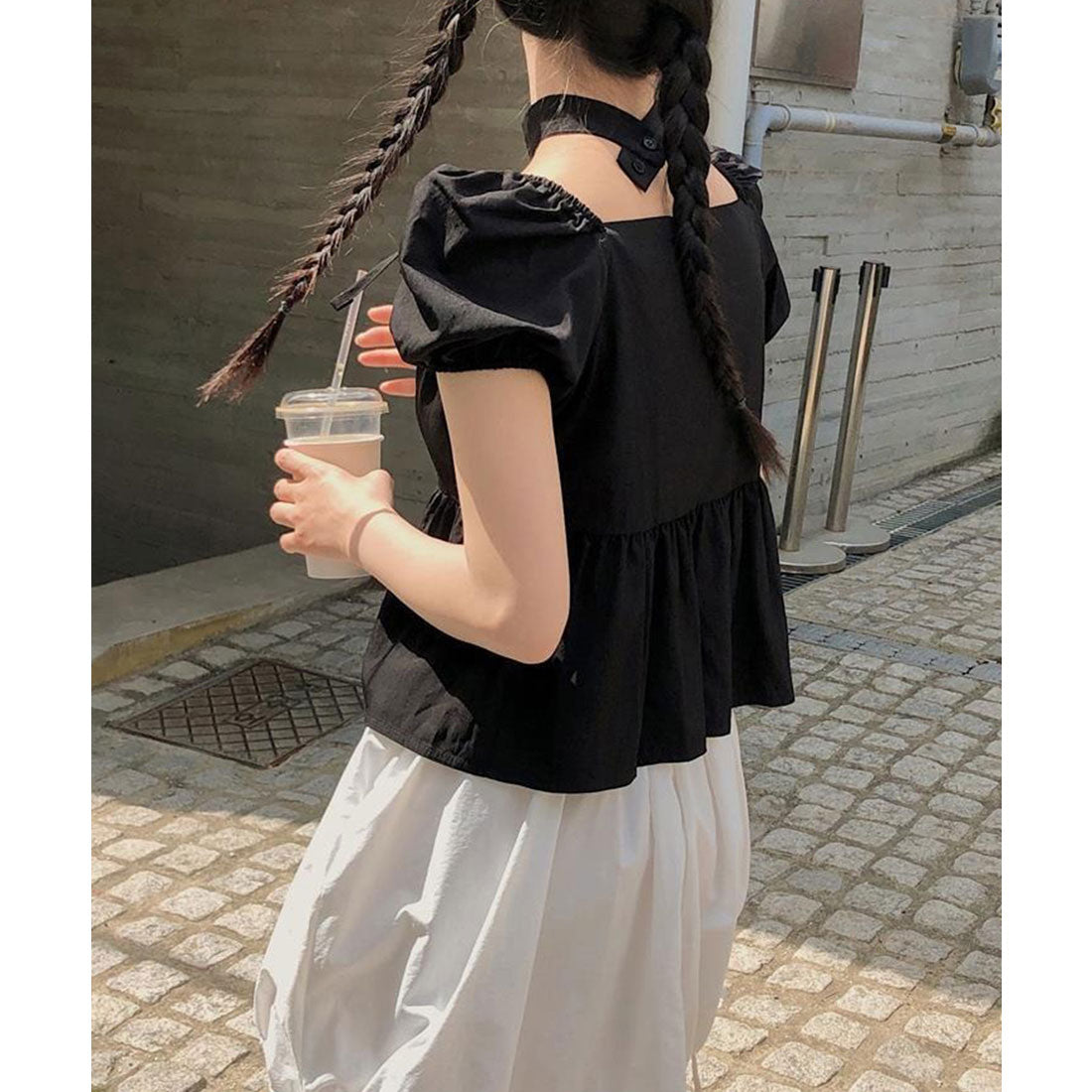 レースレディース Lace Ladies チョーカー付き リボン ペプラム パフスリーブ ブラウス （ブラック） ブラック